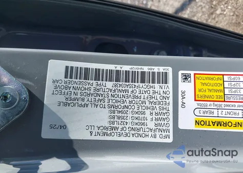 2025 Honda Accord Se from USA, damaged, VIN 1HGCY1F43SA034387